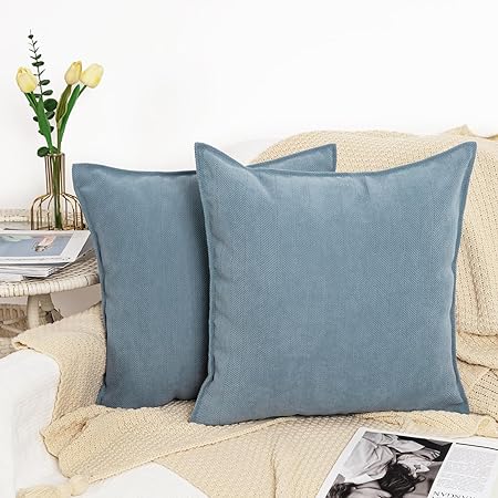 Ice Blue Pillow Covers 18x18 Set of 2 Chenille Pillow Covers with Elegant Design Soft and Luxurious Decorative Throw Pillows for Couch, Bed, and Home Decor