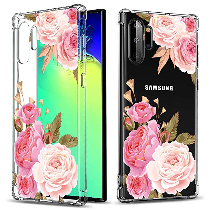 Floral Clear Galaxy Note 10 Plus Case for Women Girls,GREATRULY Pretty Phone Case for Samsung Galaxy Note 10  (2019),Flower Design Slim Soft Drop Proof TPU Bumper Cushion Silicone Cover Shell,FL-K