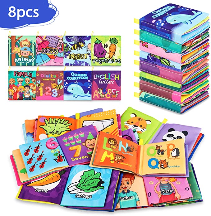 Baby Bath Books,Nontoxic Fabric Baby Cloth Books Early Education Toys,Waterproof Baby Books for Toddler, Infants Perfect Cloth Book Shower Toys 6-18 months - Pack of 8