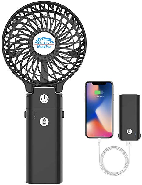 HandFan Powerful Hand held Fans Battery Operated with 5200mAh Power Bank, Portable Fan Rechargeable USB/Battery Powered Travel Fan Foldable/3 Speeds/5-20 H Working Time for Home Office Camp Indoors