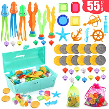 Tuptoel Pool Toys, 55Pcs Summer Diving Toys - Gems, Octopus, Diving Ball, Pool Treasure Chest Set - Underwater Games Swimming Pool Toys for Kids/Teens/Adults 6 7 8 9  (Blue)