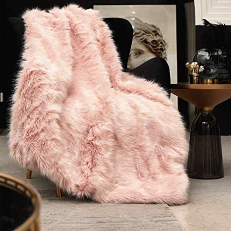 Pink Faux Fur Throw Blanket, Luxury Modern Blush Home Throw Blanket, Super Warm, Fuzzy, Elegant, Fluffy Thick Heavy Decoration Blanket Scarf for Sofa, Couch and Bed, 50''x 60''
