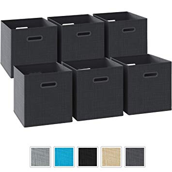 Neaterize Storage Cubes - Set of 6 Storage Bins | Features Dual Plastic Handles | Cube Storage Bins | Foldable Closet Organizers and Storage | Fabric Storage Box for Home, Office (Dark Grey)