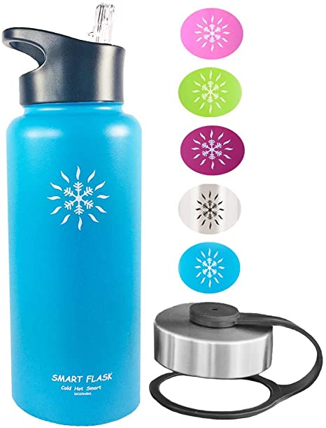 Smart Flask 32oz Stainless Steel, Wide Mouth, Insulated Water Bottle with Solid, Hard, one Piece Biteproof Straw Lid