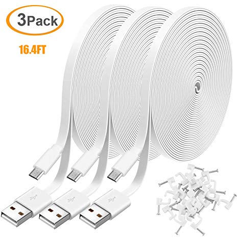 3 Pack 16.4FT Power Extension Cable for WyzeCam,WyzeCam Pan,KasaCam Indoor,NestCam Indoor,Yi Camera, Blink,Cloud Cam, USB to Micro USB Durable Charging and Data Sync Cord for Security Camera-White