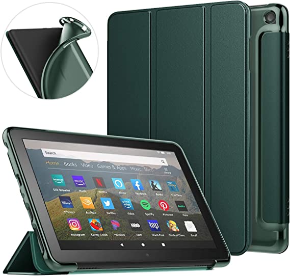 MoKo Case Fits Kindle Fire HD 8 & 8 Plus Tablet (10th Generation, 2020 Release), Soft TPU Translucent Frosted Back Cover Protector Multi-Angle Smart Shell, Auto Wake/Sleep - Night Green