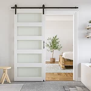 SmartStandard 36 x 80 in Glass Barn Door with 6.6FT Sliding Hardware Kit & Handle, Pre-Drilled Ready to Assemble, Waterproof PVC Coating, White, 5-Panel Glass