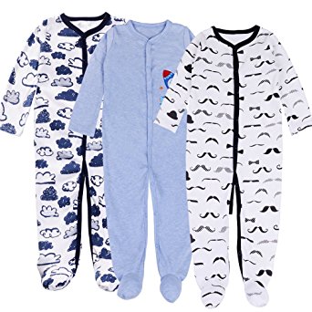 Exemaba Baby Footed Pajamas Sleeper For Boys - 3 Packs Infant Cotton Long Sleeve Jumpsuit Newborn Romper Bodysuit