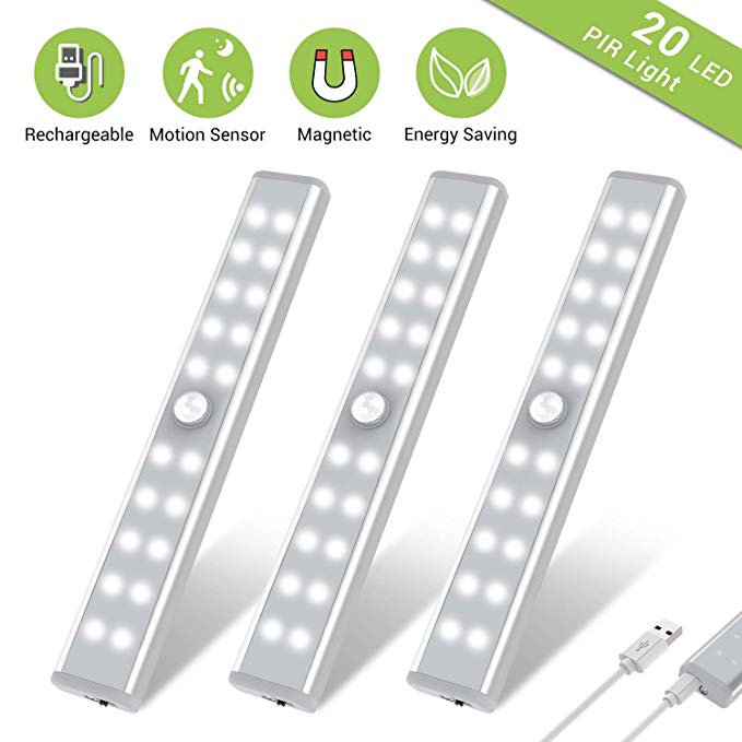 Wardrobe Light, OxyLED Motion Sensor Closet Lights, 20 LED Under Cabinet Lights, USB Rechargeable Stick-on Stairs Step Light Bar, LED Night Light, Safe Light with Magnetic Strip, 3-pack, T-02U