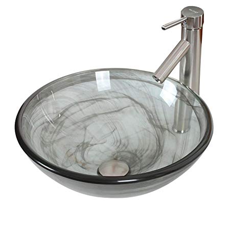 ELITE Bathroom Black Swirl Double Layer Glass Vessel Sink & Brushed Nickel Faucet Combo