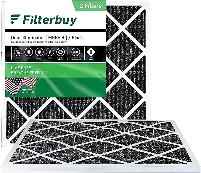 FilterBuy 20x20x1 Air Filter MERV 8 (Allergen Odor Eliminator), Pleated HVAC AC Furnace Filters with Activated Carbon (2-Pack, Black)