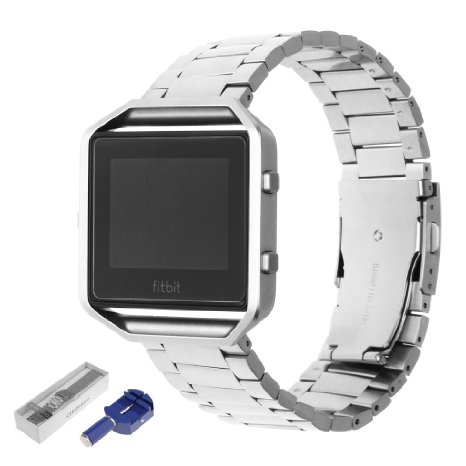 Fitbit Blaze Accessory Watch Band Large (6.0-8.7 in),CIKIShield 23mm silver stainless steel replacement wrist bands for fitbit blaze smart fitness metal watch