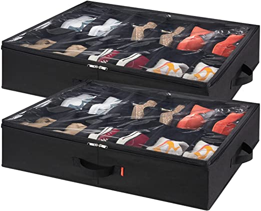 Lifewit Under Bed Shoe Storage Organizer Set of 2, Foldable Fabric Shoes Container Box with Clear Cover See Through Window Storage Bag with 2 Handles Total Fits 24 Pairs of Shoes, Black