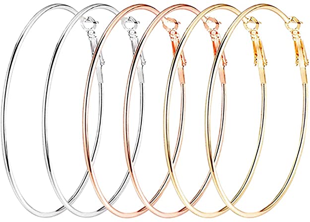 3 Pairs Big Hoop Earrings for Women Girls Gold Silver Stainless Steel Hoop Earrings 60mm in Gold Silver Plated Hypoallergenic Earrings Mother's Day Jewelry Gifts