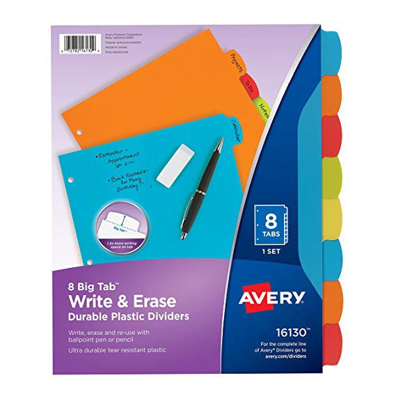 Avery Big Tab Write & Erase Durable Plastic Dividers, 8 Multicolor Tabs, 1 Set (16130)