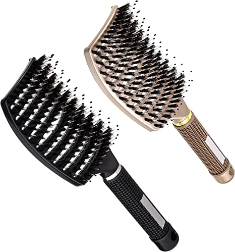 Chef Vinny 2 Pack Boar Bristle Hair Brush, Curved and Vented Detangling Hair Brush for Women Long, Thick, Thin, Curly & Tangled Hair Vent Brush Paddle Brush