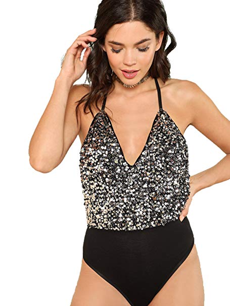 Romwe Women's V Neck Halter Sleeveless Backless Sequin Sexy Bodysuit