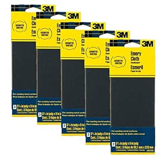 3M Assorted Grit Emery Cloth Sandpaper, 3.67-Inch by 9-Inch, 3-Pack - 5931, Pack of 5