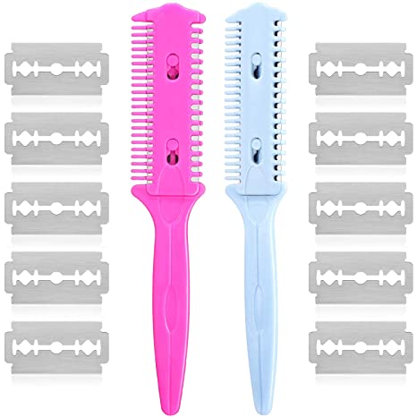 2 Pieces Double Side Hair Razor Comb Double Edged Hair Cutter Comb Hair Thinning Comb with 10 Pieces Stainless Steel Razor Blades for Long Short Hair