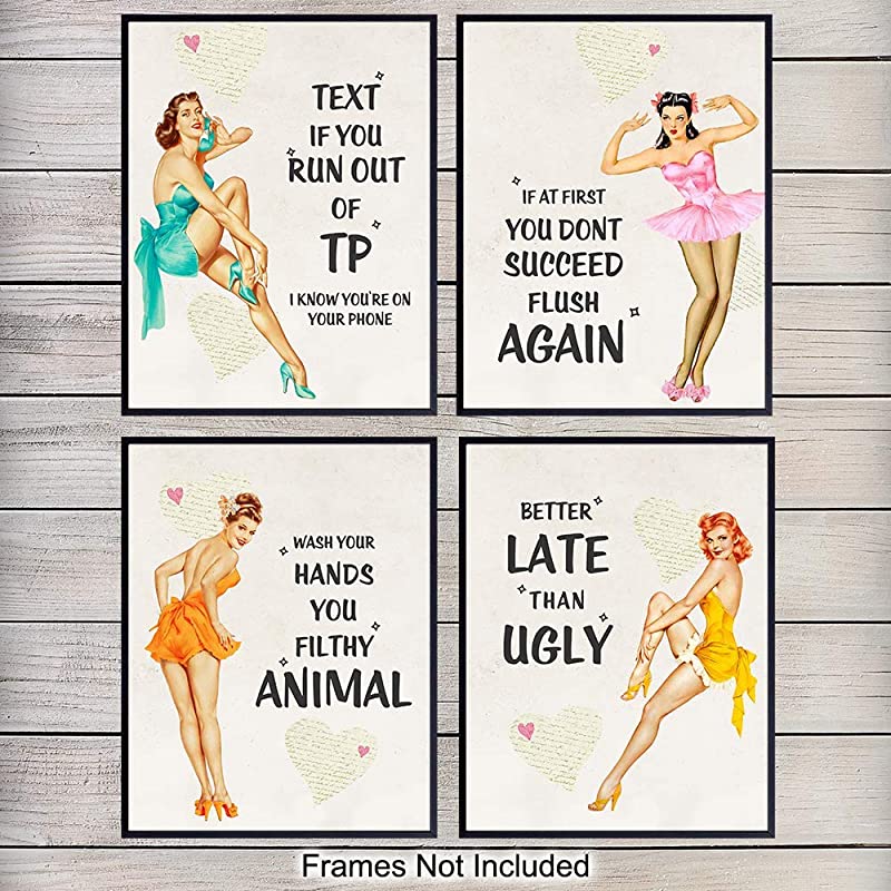 Humorous Wall Decor Art Set for Bathroom - Funny 8x10 Vintage Retro Prints for Home, Bath or Apartment Decoration - Unframed