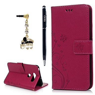 LG V30 Case, V30 Plus Embossed Floral ButterFly Wallet Kickstand Feature Flip Folio Cover Credit Card Pockets PU leather Shock Absorbing Bumper Clover Emboss Cover Case for LG V30 by YOKIRIN, Hot Pink