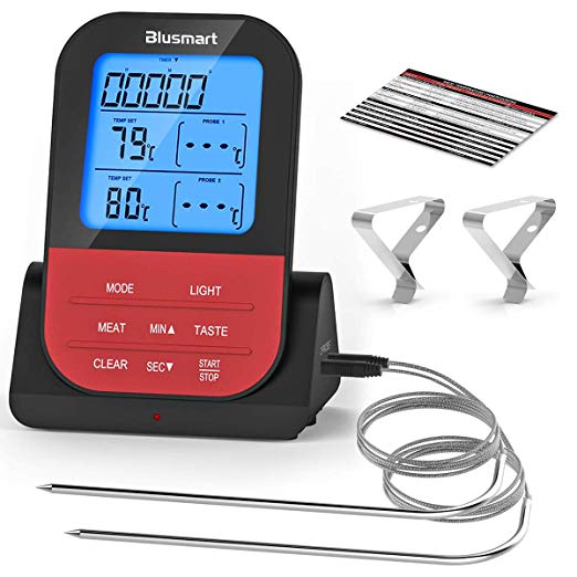 Wireless Remote Meat Thermometer, Blusmart Instant Read Digital Cooking Food Thermometer with Dual Probe, Alarm & Timer, Waterproof Grill Thermometer with 8 Meat Modes, Perfect for BBQ,Oven,Stove