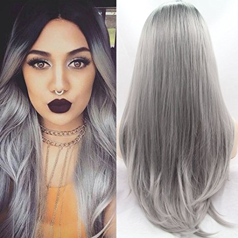 Fennell Long Ombre Dark Root Gray Natural Straight Synthetic Lace Wig For Fashion Ladies Heat Resistant Ombre Grey Synthetic Lace Font Wig (20"-24") (22 inches)
