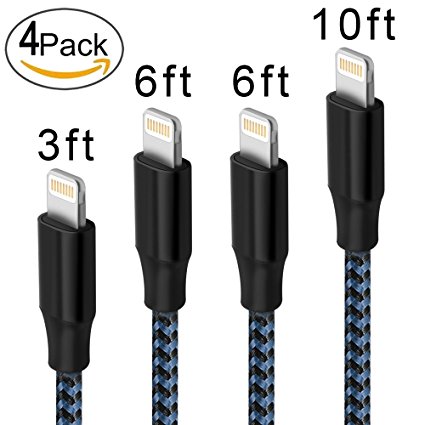 AOFU Lightning Cable,iPhone Cable iPhone Charger 4Pack 3FT 6FT 6FT 10FT Extra Long Nylon Braided Cord to USB Charging for iPhone 7/7 Plus/6/6 Plus/6S/6S Plus,SE/5S/5,iPad,iPod Nano 7 (Black Blue)