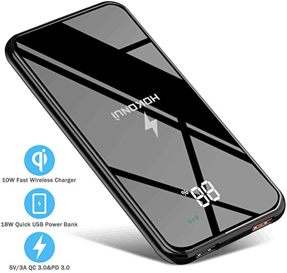 Wireless Portable Charger, Hokonui Wireless Power Bank 10000 mAh with LCD Screen, 10W Fast Wireless Battery Pack 4 Outputs & Dual Inputs, QC 3.0 & PD 3.0 for Cell Phone, iPhone, iPad ,Samsung and More