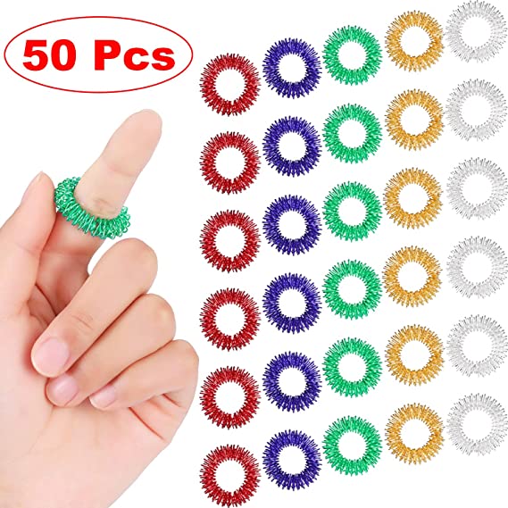 50 Pieces Spiky Sensory Finger Rings, Spiky Finger Ring/Acupressure Ring Set for Teens, Adults, Silent Stress Reducer and Massager (50 Pieces)