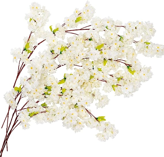 Luyue 42in Artificial Cherry Blossom White Flowers 6 Pack Silk Cherry Blossoms Branches Fake Sakura Flower Trees Decor for Wedding Decoration Home Office