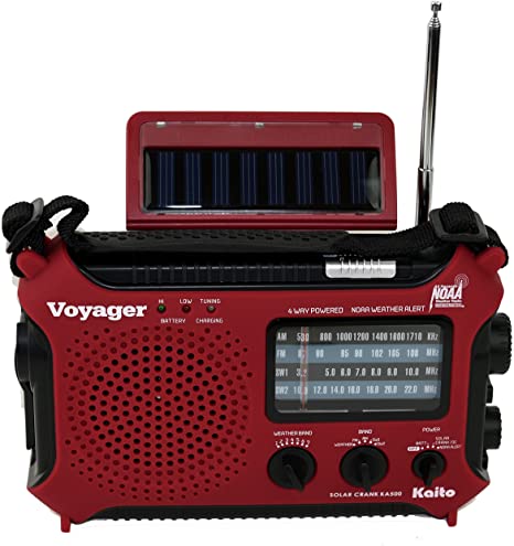 Kaito KA500IP-RED Voyager Solar/Dynamo AM/FM/SW NOAA Weather Radio with Alert and Cell Phone Charger, Red