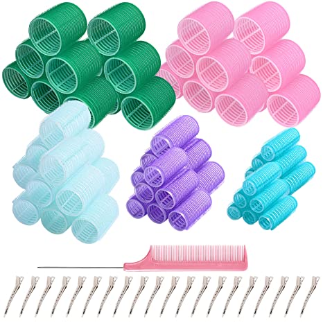 81 Pieces Self Grip Hair Rollers Set, Salon Hair Dressing Curlers, 60 Pcs Hairdressing Curlers Random Color, 20 Pcs Duckbill Clips and Comb, DIY Curly Hair Styling (55mm,44mm, 36mm, 28mm, 20mm)