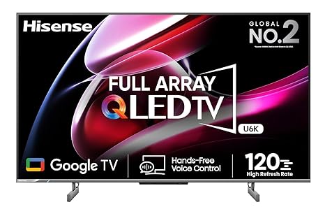 Hisense 164 cm (65 inches) 4K Ultra HD Smart QLED Google TV 65U6K (Gray) | Dolby Vision & Atmos | HSR 120 Mode | 32 Full Array Local Dimming Zones