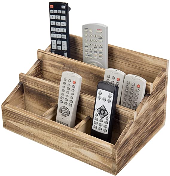 MyGift 9-Compartment Rustic Brown Burnt Solid Wood Remote Control Holder Caddy Organizer