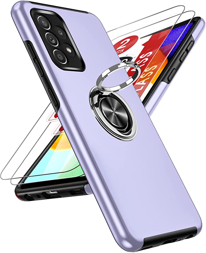 LeYi for Samsung Galaxy A52s/A52 Case and 2x Screen Protectors, Heavy Duty Protection Shockproof Cover with Built-in Ring Holder Lightweight Silicone Hybrid Phone Case for Galaxy A52s 5G/A52 Purple