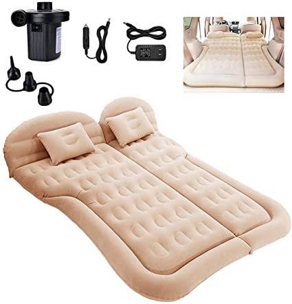 SAYGOGO SUV Air Mattress Camping Bed Cushion Pillow - Inflatable Thickened Car Air Bed with Electric Air Pump Flocking Surface Portable Sleeping Pad for Travel Camping Upgraded Version (Beige)