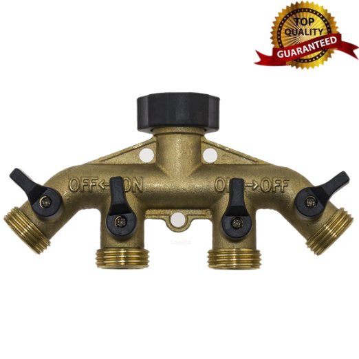 Coolife Garden Hose Splitter Solid Brass Construction 4 Way 3/4" Heavy Duty Hose Connector with Built in Shut-offs, Rubber Washer Included (Brass)