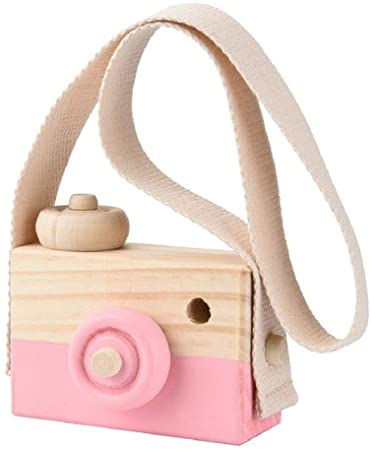 TUANTUAN 1 Pcs Mini Wooden Camera Toy Photography Prop Christmas Toy with Neck Strap for Room Hanging Decor,Pink