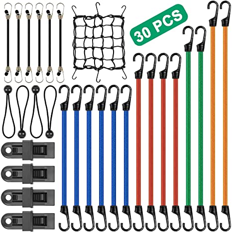 Bungee Cords with Hooks, 30 PCS Heavy Duty Assortment Canopy Ties, Tarp Clips & Ball Bungees, Plastic Coated Metal Hooks, Cargo Net