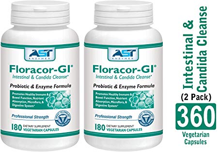 Floracor-GI – 360 Vegetarian Capsules (180 x 2) -Intestinal and Candida Cleanse for Maximum Absorption – Natural Premium Probiotic, Prebiotic and Enzyme Formula