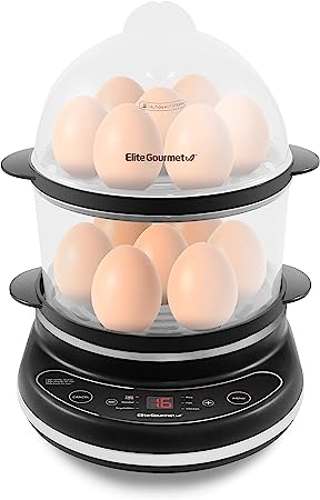 Elite Gourmet EGC314CB Digital Easy Egg Cooker Food Steamer, Poacher, Omelet, Soft, Medium, Hard-Boiled Egg with 6 Programmed Preset Functions, 2-Tiers, Measuring Cup, BPA Free, 14 egg capacity, Black