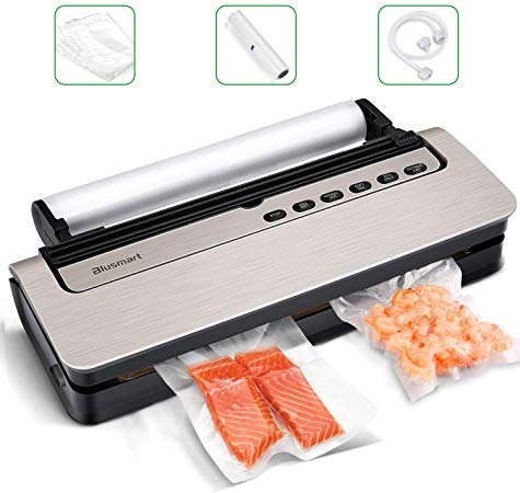 Vacuum Sealer Blusmart 80Kpa Food Sealer Machine Automatic Air Sealing System for FoodSaver Storage with Dry and Moist Modes. Starter Kit with Holder, Roll/Bags & Hose