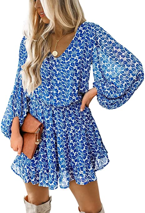 Dokotoo Womens Spring Summer Deep V Neck Ruffle Long Sleeve Floral Print Mini Dress