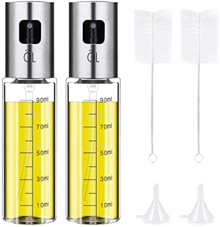 Olive Oil Sprayer Bottle, Stainless Steel Glass Oil Dispenser for Cooking, BBQ, Salad, Baking, Roasting, Kitchen Tools, 3.4- Ounce Capacity(2 Pack)