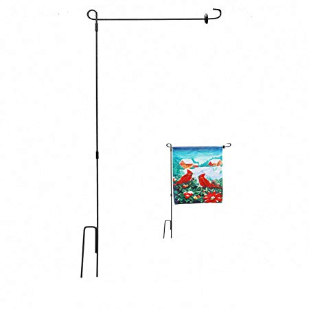 A-One 41" H x 17" W Garden Flag Pole Stand with Flag Stopper Free - American US Heavy Duty Metal Wrought Iron Outdoor Flagpole Holder Kit, Weather-Proof Material, Black (3 Piece Set, Easy to Storage)