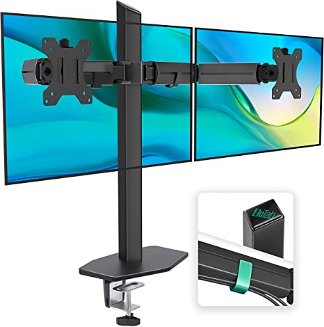EleTab Dual Monitor Stand - Heavy Duty Dual Arm Monitor Desk Mount Fully Adjustable, Fit 2/Two LCD Screens up to 32 Inch with C-Clamp and Grommet Base, Black