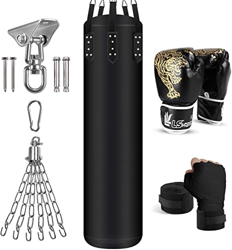 Odoland 6-In-1 Punching Bag Unfilled Set for Men and Women, 4FT Kick Boxing Heavy Bag with 12OZ Boxing Punching Gloves and Hand Wraps, Punching Bag Hanging Chains and Hanging System