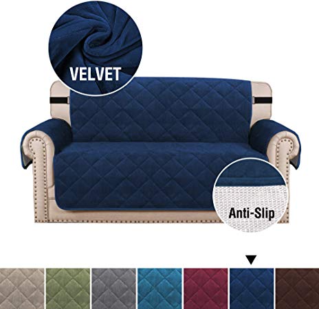 H.VERSAILTEX Ultra Soft Velvet Sofa Covers for Living Room Slip Resistant Quilted Furniture Protector 2" Straps and Pockets Couch Covers for Dogs Sofa Slipcover Protector (Loveseat 54", Navy)