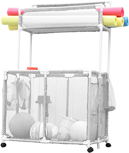Essentially Yours Pool Noodles Holder, Toys, Floats, Balls and Floats Equipment Mesh Rolling Double Decker Multi Use Storage Organizer Bin, 37"L x 24"W x 55"H, XXL, White Mesh/White PVC